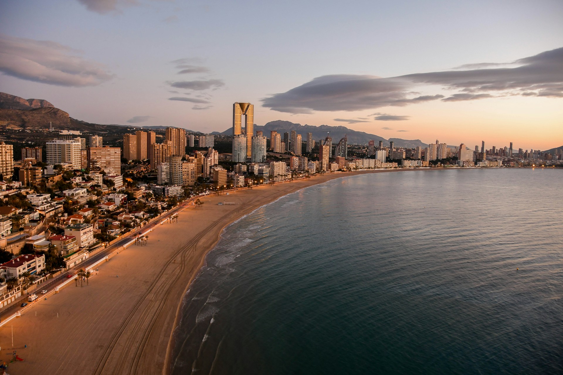 Benidorm skyline and Levante beach at dusk