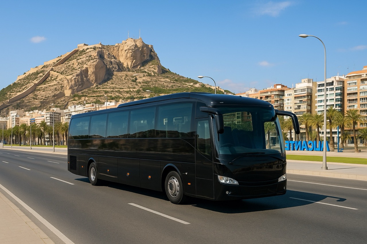 Black luxury coach on the Alicante seafront