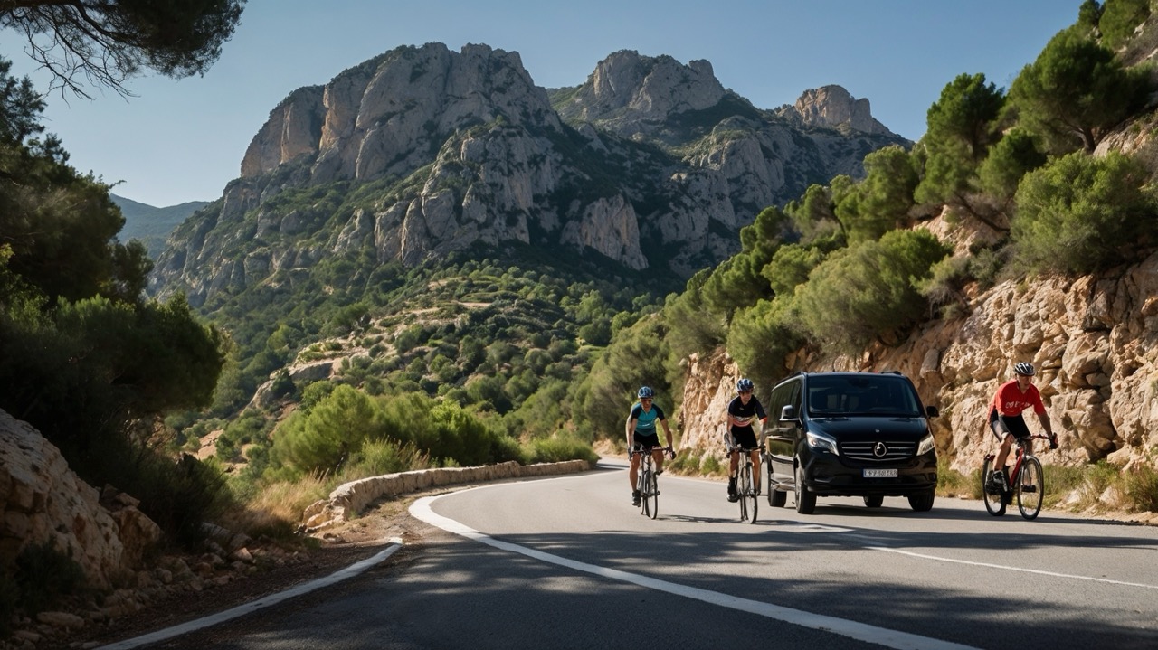 Cyclists climbing a Costa Blanca mountain road with our black support van behind them