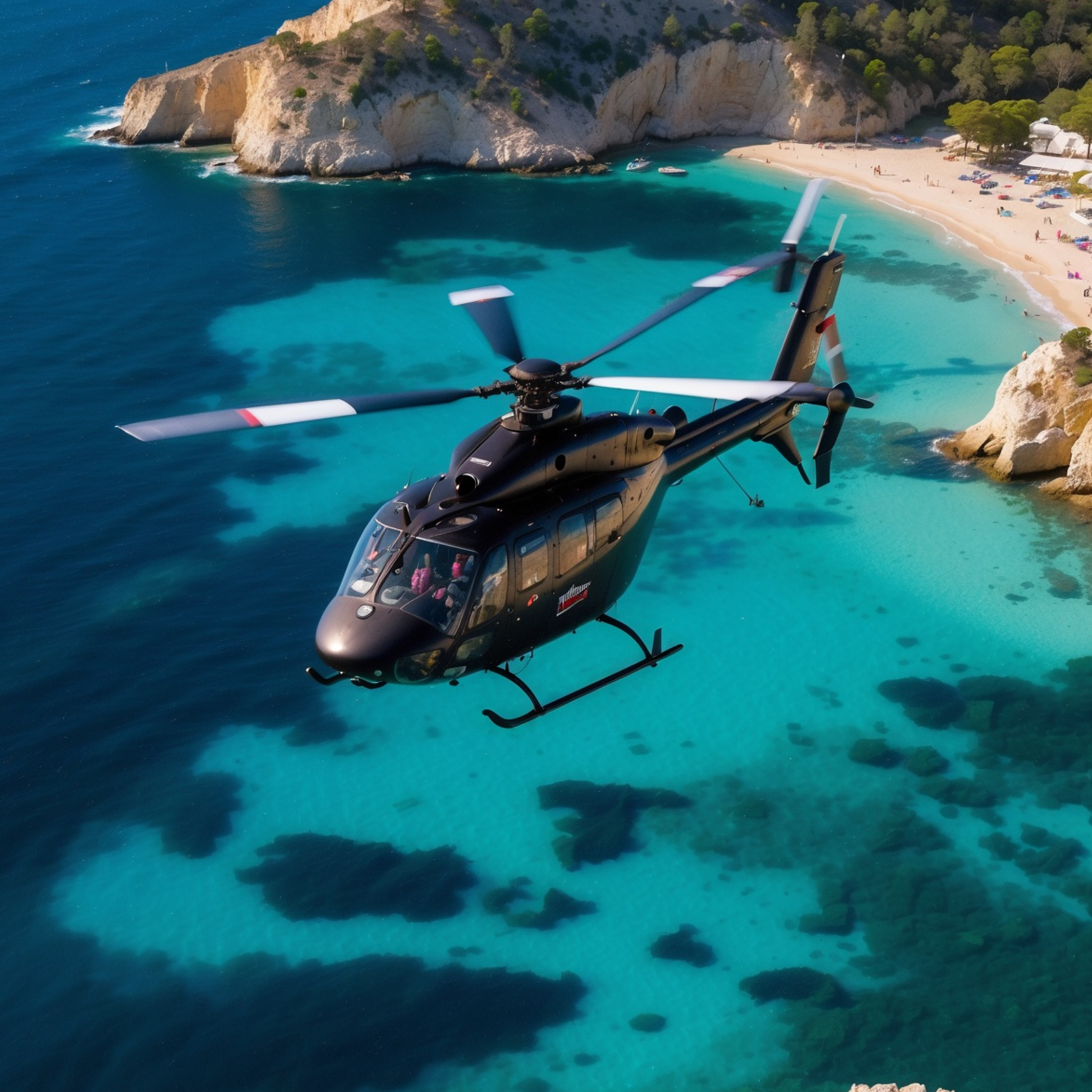 Black helicopter flying over a turquoise cove